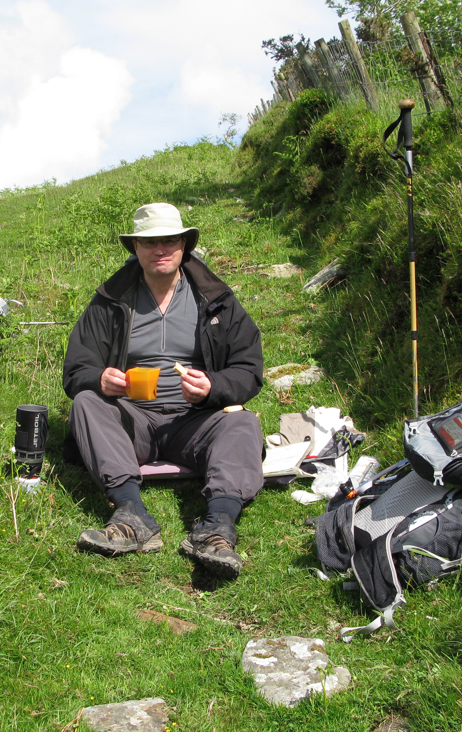 Jetboil Flash being used for a brew up on the Two Moors Way, June 2012. Folding Orikaso mug also in use