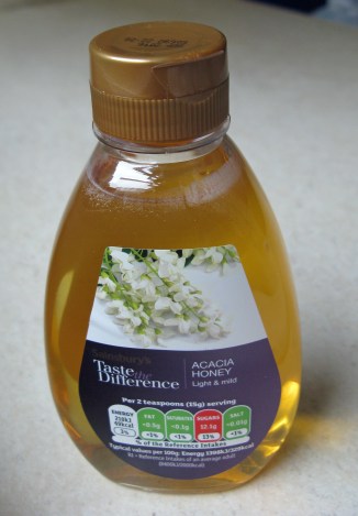 340g of Acacia honey in plastic squeeze bottle. 364g in total