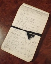 Scribbled notes and rubbish drawing in 'policemans' notebook. Discovery of a Red Flanked Blue Tail in Kent, UK, 1998