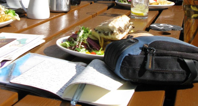 Journalling at a 'sensible' lunchtime pub stop on the West Highland Way. 2013