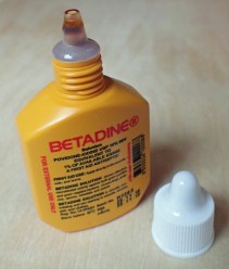 Betadine Povidone-Iodine antiseptic liquid. This especially useful for applying to broken blister prior to covering with tape. 15ml (total weight 22.5g)