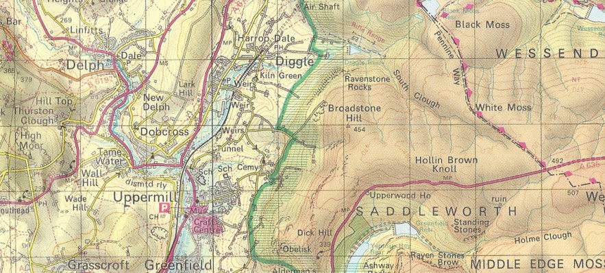 A change in the use of colour shading. Other than green for woodland, shading mostly represented elevation above sea level. Ordnance Survey, Peak District, 1986