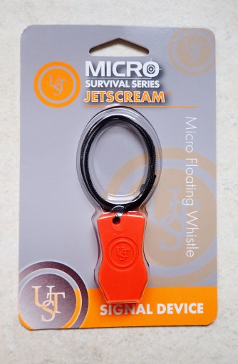 Jetscream Micro. Bright orange, flat pea-less whistle is not going to be lost easily in the undergrowth