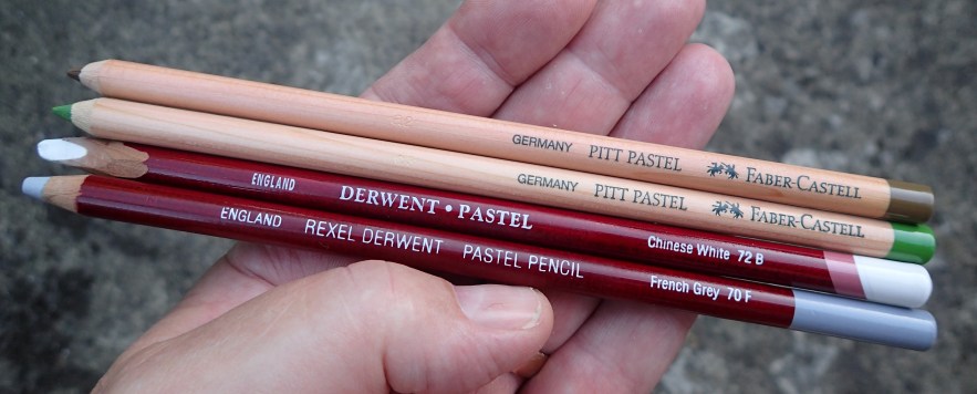 Pastel pencils are also an option for a travelling art kit. The wide ranges produced by both Derwent and Faber Castell are excellent products but can smear easily. My prefrence amongst these are the lovely tones from the Pitt Pastel range