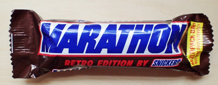 Marathon retro edition by Snickers. Each bar weighed 41.7g and provided 213kcal, containing 35% milk chocolte, 14% nougat, 27% caramel and 24% peanuts. Photographed 2020
