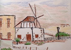 The small selection of coloured leads fro Koh-I-Noor that I took allowed me to occasionally swtich medium. This poor and scrappy drawing was completed in less than ten minutes whilst standing on the pavement waiting for a bus to hove into view. With a few minutes to spare, the windmill opposite me in Tiscamanita was a superb subject