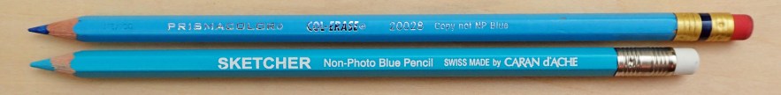 Non-photo blue pencils are produced by a number of manufacturers. There have been some complaints raised in recent years as to a perceived drop in quality from the, now made in Mexico, Prismacolor Col-Erase Copy not NP Blue (4.7g). The (6.9g) Sketcher Non-Photo blue from Swiss manufacturer Caran D'Ache is a good alternative. Both come with a small eraser in the metal ferrule