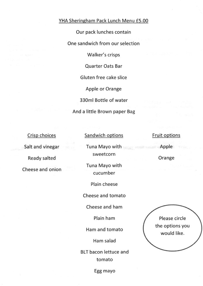 The packed lunch menu proffered at Sherringham YHA