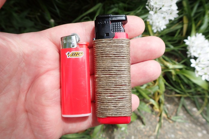 My lighter arsenal for multi-day backpacking trips. A 20g mini-Bic disposable lighter and 20g refillable jet Torjet lighter wrapped with 4g of Hemp Wick