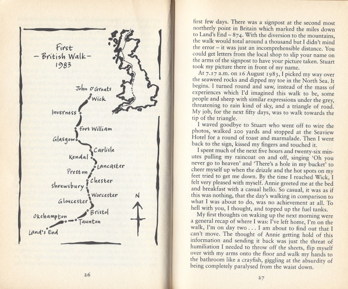 Two pages from the paperback version of Ffyona Campbell's autobiography The Whole Story. Needless to say, her account of her 1000 mile walk from John O'Groats to Lands End at the age of sixteen is a small part of the book, covered in just eight pages including the sketch map