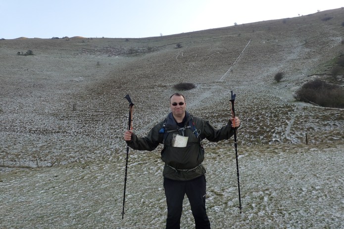 The 231 feet (70m) Long Man of Wilmington, Sussex was passed by Three Points of the Compass on the Wealdway. Still just visible in the light snow