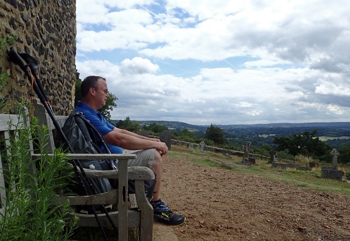 Three Points of the Compass resting awhile at the 'Pilgrim's Church' on the North Downs Way. 19th C. St. Martha-on-the-Hill has 12th C. features and is offers great views