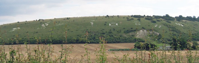 Regimental Badges at Fovant, Wiltshire. Cut into the grass by soldiers stationed in the district during the 1914-18 war. In 1951 the badge of the Royal Wiltshire Yeomanry was added