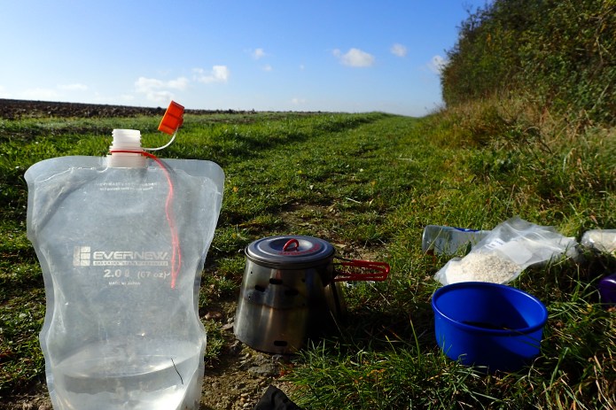Stopping early morning to cook a hot breakfast and prepare a hot drink on the Icknield Way