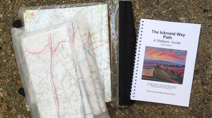 Maps are essential, guide book a desirable on the Icknield Way Trail. I took a photocopy of the small initial section starting from Tring railway station (from O.S. 181), plus O.S. Explorer maps 193, 194, 209, 210 and 229. Each weihed about 110g. The 'Walkers' Guide' from the Icknield Way Association weighs 154g