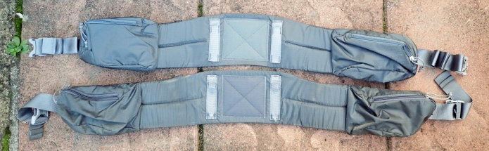My original, damaged, Mariposa hipbelt below, and its replacement above. Note how the design has altered slightly, the belt pockets are now positioned further round to the side. Not an advantage I fear
