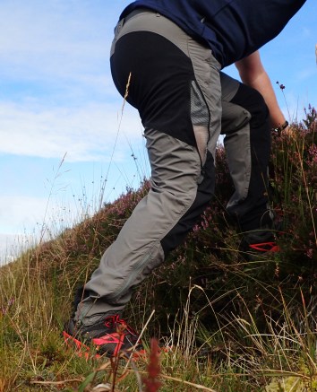 Montane Terra Pants, these are the 'graphite' coloured version. Photographed on Inishowen Head, Co. Donegal, Ireland in 2015. Note the side zips on the leg to provide additional ventilation