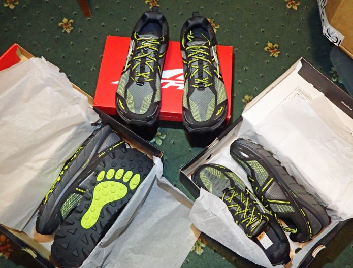 All ready for my Three Points of the Compass walk- three pairs of Altra Lone Peak 3.5's in UK size 12
