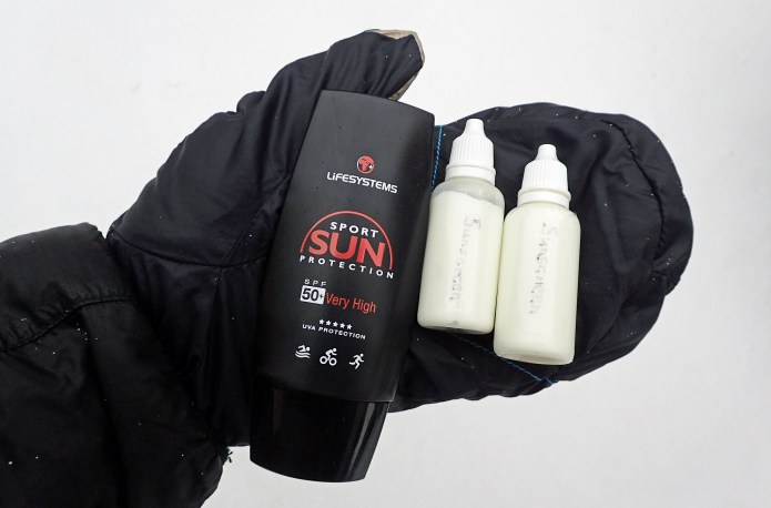 Prism Mitts from Montane are a fantastic option for lower temperatures. Three Points of the Compass will also be carrying one small bottle of sunscreen in is pack, hopefully neither item will be required
