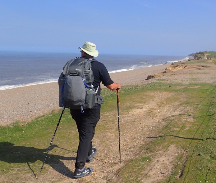Three Points of the Compass walked the Norfolk Coast Path in April 2017. A Tilley Airflow hat protects head and neck, however the backs of hands and forearms frequently catch the sun