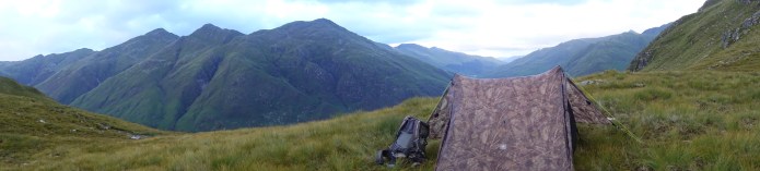 A fairly high wild camp on a more exposed ridge than I would have wished. A rare fine evening detrioted into strong wind and rain for much of the night and following day. 8th August 2018, Cape Wrath Trail