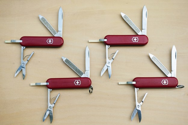 The Victorinox 58mm Classic was a development of the earlier Bijou that lacked a keyring. A further variant on both Bijou and Classic was the addition of a flat 'SD' screwdriver tip to the nailfile. All of these knives come with tweezers and toothpick in the red cellidor scales