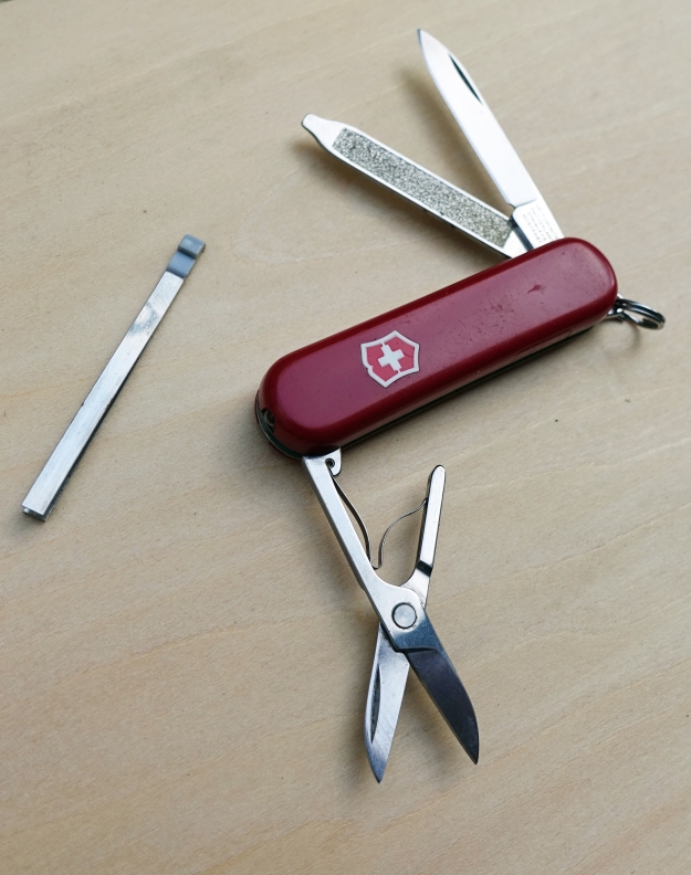 First introduced in 1986, the SwissLite has the Classic toolset with tweezers and LED light in the cellidor scales