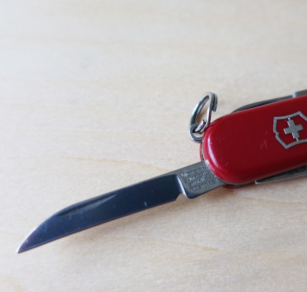 Classic SD knife fitted with a Wharncliffe, or Emergency blade. This blade is similar to a Sheepsfoot profile but the curve is more gradual, starting nearer the handle. Every now and then you may come across one of the 58mm Victorinox knives that have this alternative blade fitted. It allows for good precision work 