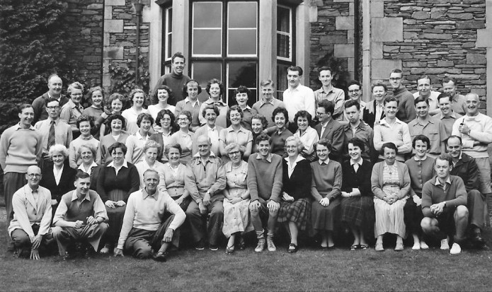 A group photograph of a happy bunch of people enjoying a weeks holiday with the Co-operative Holiday Association at Grasmere in 1958