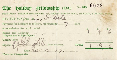 Miss Iris Hole paid £1, 9s, 6d for a weeks board and lodging at Derwent, in the English Lake District, in 1937