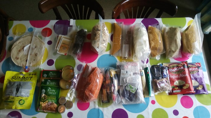 Resupply at Fort William prior to setting off on the Cape Wrath Trail.. Included are the makings of six-eight lentil curries with a variety of carbs- instant mash, couscous and noodles. July 2018