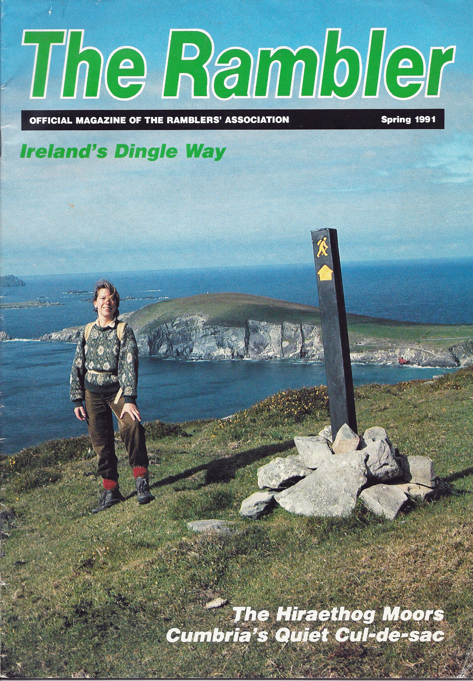 The Rambler, Spring 1991. Cover- Linda Hart on the Dingle Way, with Dunmore Head (the most westerly point in Europe)