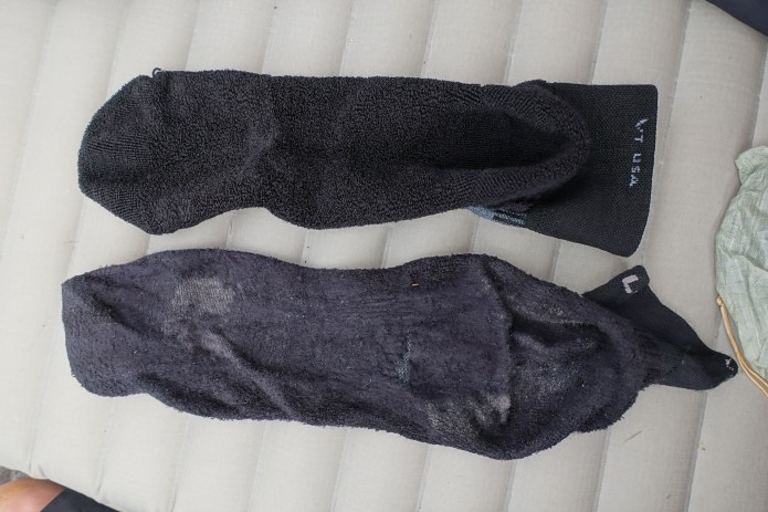 Despite being washed, or at least rinsed, on a daily basis. Socks wore out. I carried tow pairs for walking and alternated them. Both pairs were replaced during the walk.