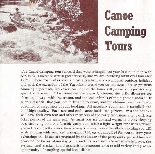 1962 advert for canoe camping holiday in the former country of Yugoslavia