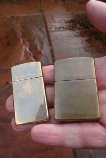 Solid brass slim Zippo and the full size well tarnished version that Three Points of the Compass inherited from his father