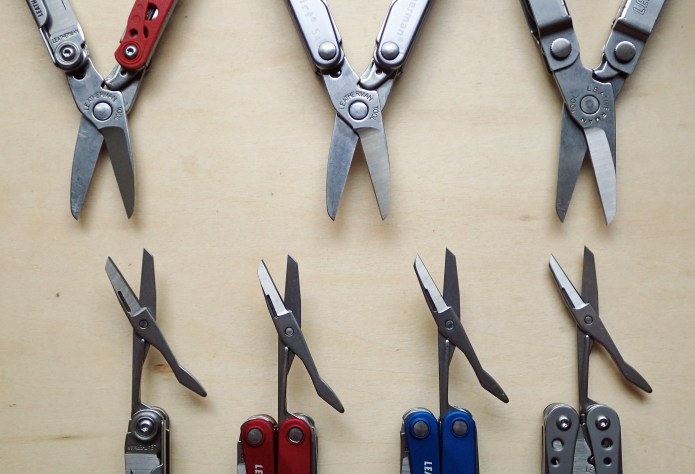 Leatherman scissors compared. Top row: Leatherman Style CS, Squirt S4, Micra. Bottom row: Leatherman Style, Squirt ES4, Squirt PS4, Style PS