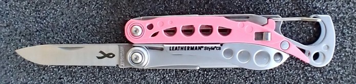 In 2012 Leatherman announced their Pink Program- this was their support for breast cancer awareness and they released three of their tools in a striking pink colour. These were the Micra, Style and Style CS. Each of them features the breast cancer awareness ribbon laser etched on to the blade. The Micra and Squirt also feature the ribbon on one of their scales. Note that not all pink Leatherman tools were part of the Pink Program