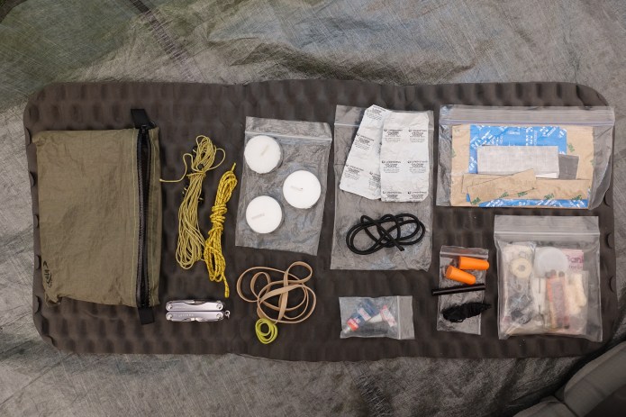 The ditty bag/repair kit that Three Points of the Compass carried on the Cape Wrath Trail in 2018. A Leatherman keychain multi-tool formed a vital component of this