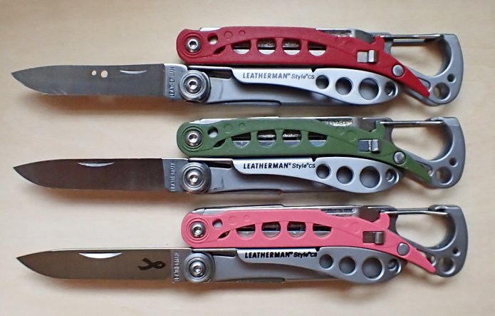 Beyond scale colour, there are few options within the Style range, however Leatherman have switched around the blades a little and a small range of inclsion, or not, of holes in the blade and nail nick size and position can be found