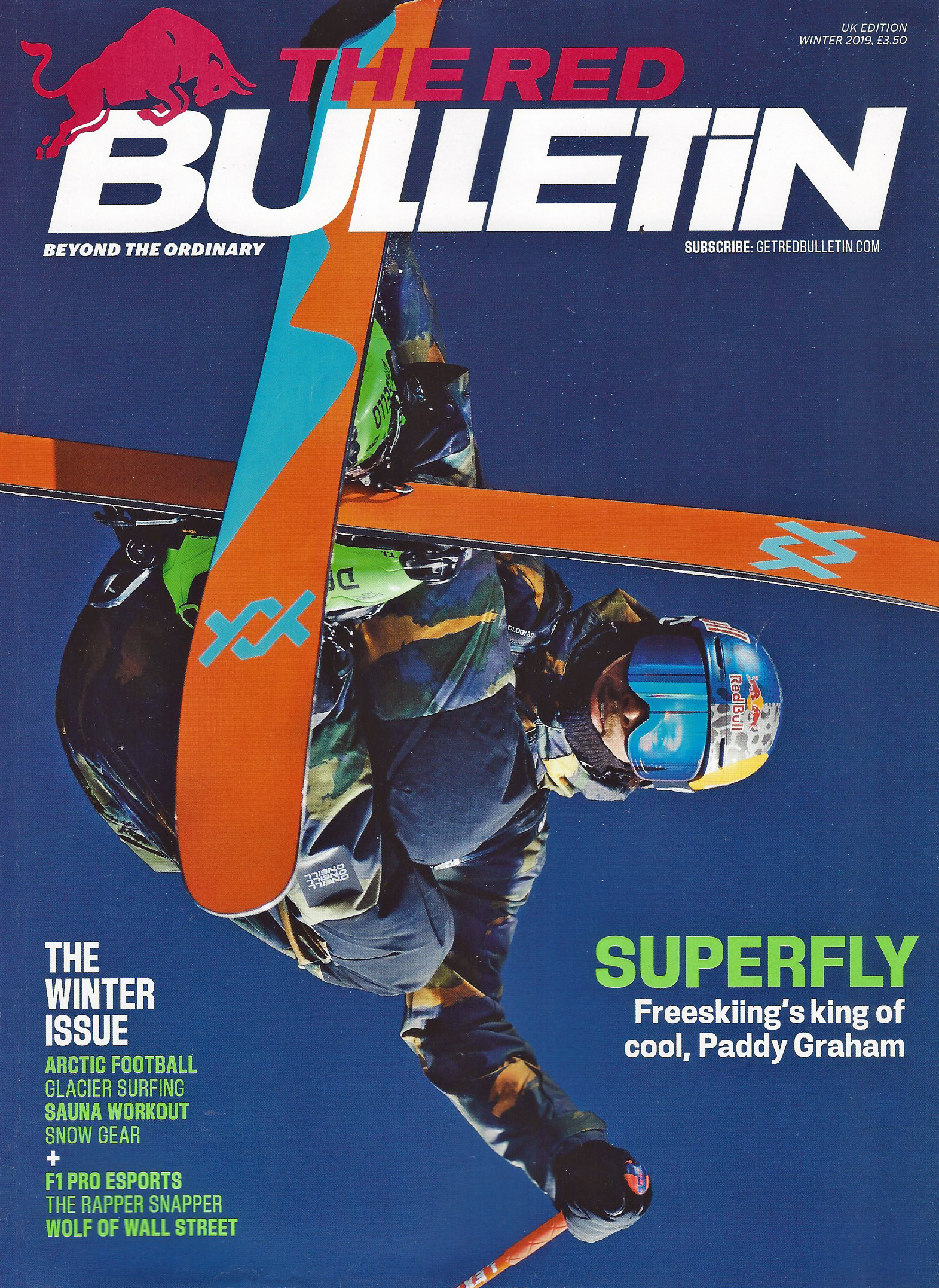 The Red Bulletin, UK Edition, Winter 2019. Cover- Patrick 'Paddy' Graham, Stelvio glacier, Italy