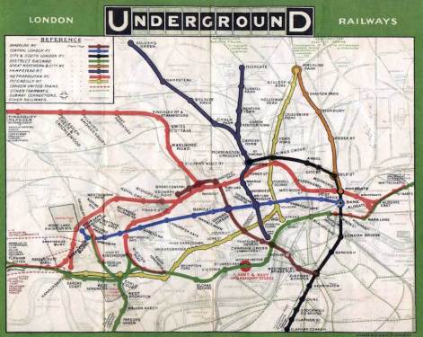 The first map of the London Underground showed the lines, few that they were at the time, overlain on a street plan. However the map was not particularly helpful to those travelling above ground, not those underground. 1908