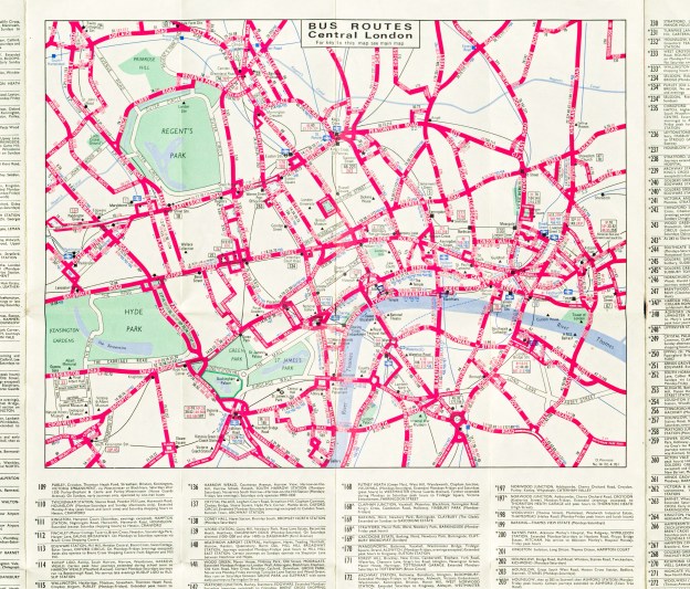 Free bus map by London Transport. Detail from rear showing central London routes and minimal street detail. Cartographer was D. Penrose, April 1976