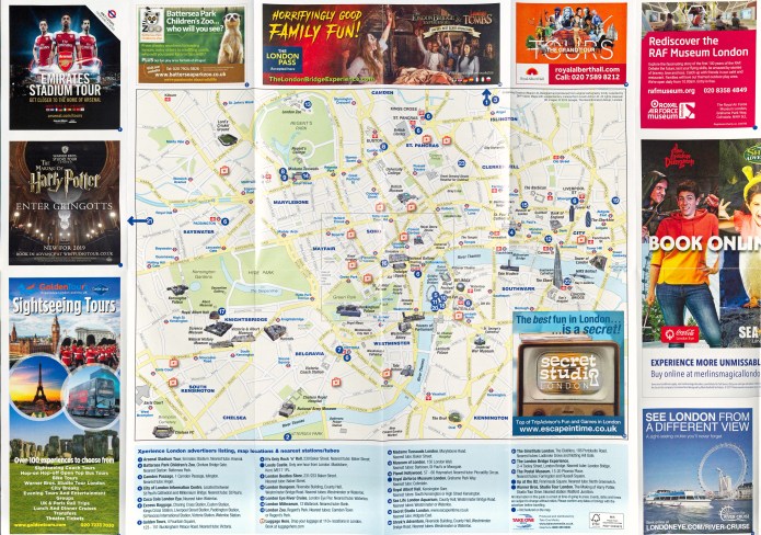 Experience London Tourist map. Freely distributed, the majority of the sheet is taken up with advertising various attractions with just about sufficient information on the map itself to enable tourists to travel between them. 2018