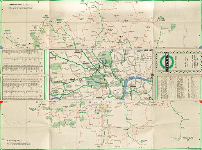 Green Line coach map. Small scale map on the other side can be folded to join up with upper section of map shown here. Central London is shown to a larger scale. Crown Copyright, the map was prepared by J. Weiner Ltd. 1947
