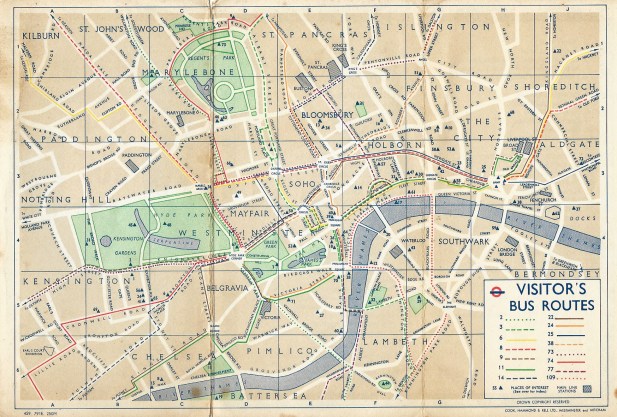 Small free street map showing fifteen bus routes taking passengers to places of interest in central London, with sufficient information to walk between them. Published by London Transport, 1959