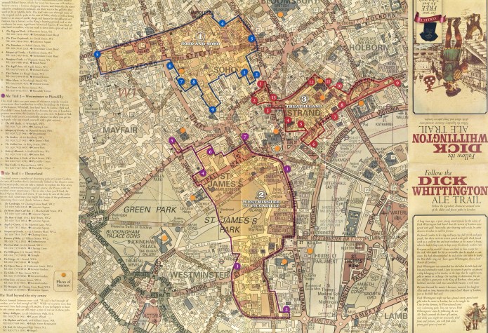 Second side of the Dick Whittington Ale Trail. While this does take in 29 pubs across the three trails shown, the attractive map also provides lots of accurate street detail for those simply exploring
