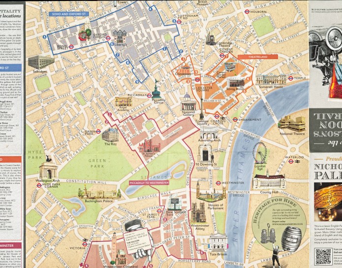 The Nicholson's Ale Trail map produced in 2012 demonstrates a total refocu from their earlier offering. This map concentrates on the pubs and provides far less detail of Lodnon's streets and parks. Compare how Green Park is depicted against that in the map above