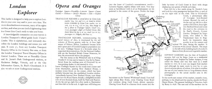 Part of the detail within the free walk leaflet 'Opera and Oranges'. Produced by London Transport, these leaflets were aimed at people living within a thirty mile radius of London and was intended to increase use of transport during quieter times of the day. Printed March 1965