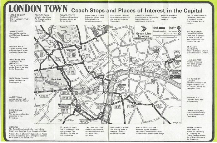 Small map on 1974 Green Line leaflet shows little more than a minimum of streets in central London