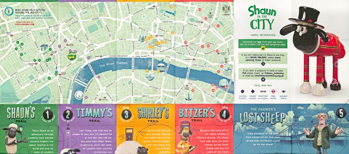 2015 map produced for families to track down the fifty Shaun the Sheep sculptures placed across London. Four different trails are shown, measuring 3km, 3km, 3km and 5km. Very little in the way of street names is included and Three Points of the Compass wonders how many people got lost without the assistance of the accompanying App